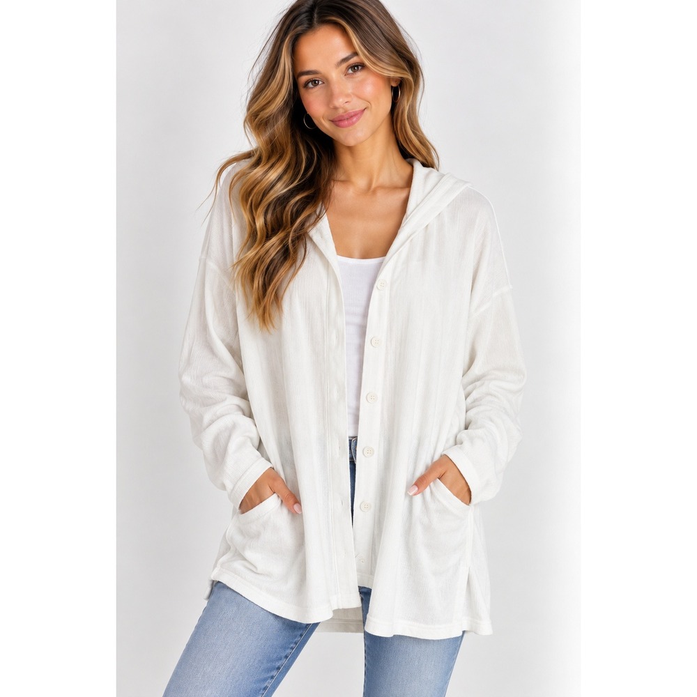 Bryn Walker  Knit Button Down Hooded Cardigan Coastal Scandi Neutral Minimalist
